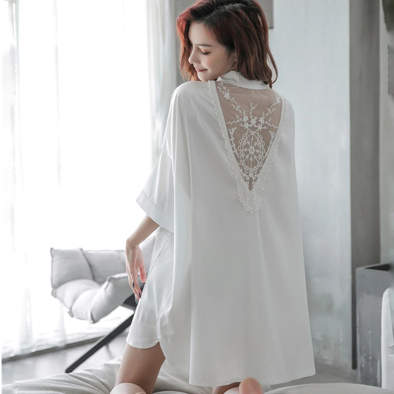 

2020 Summer new women's silk-like sexy shirt backless lace thin silk casual home wear women sleepwear
