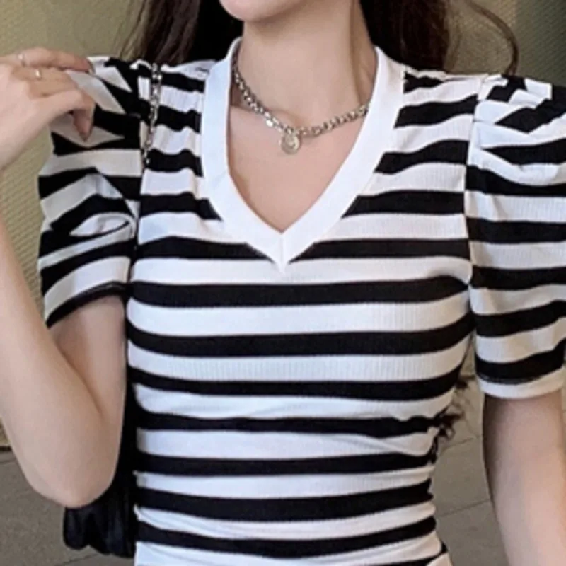 

Vestidos De Mujer Striped V Neck Knitted Bodycon Women Dress Short Sleeve Vintage Sexy Midi Dresses 2021 Spring Femme Robes New
