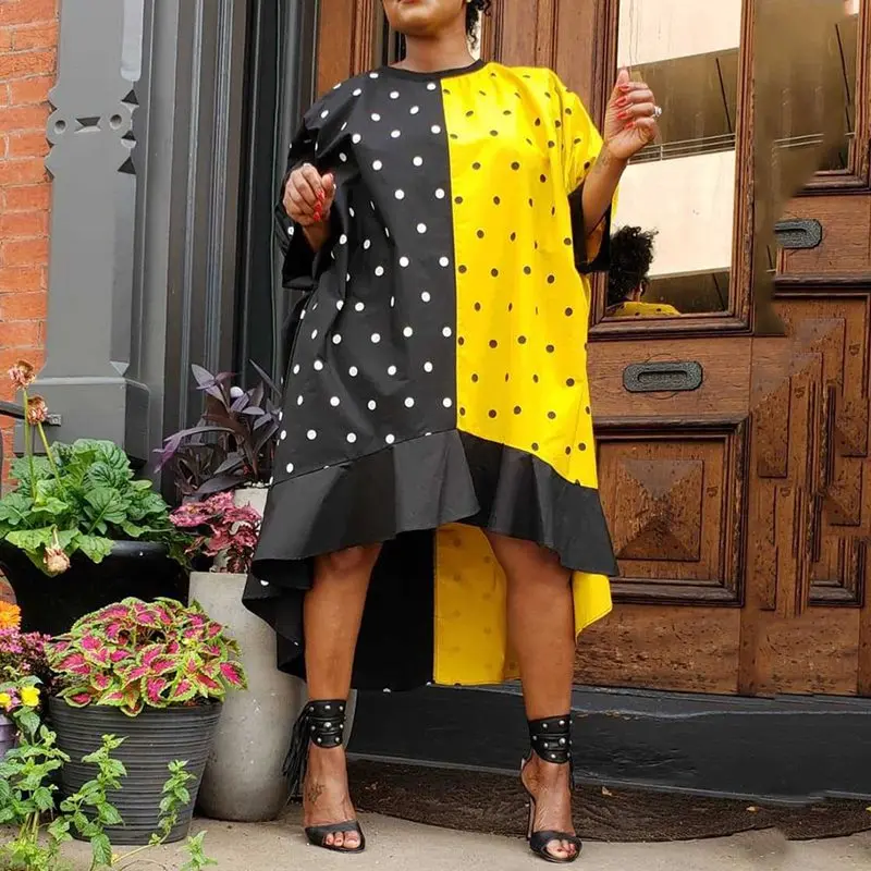 Женское платье большого размера свободное желтое черное в горошек с высокой