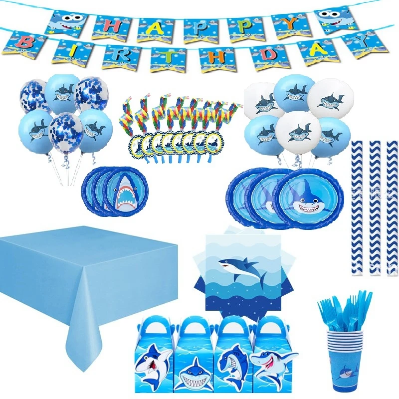 

Marine Life Whale Disposable Tableware Baby Shower Paper Cups Plates Shark Happy Birthday Banner Balloon Cupcake Topper Decor