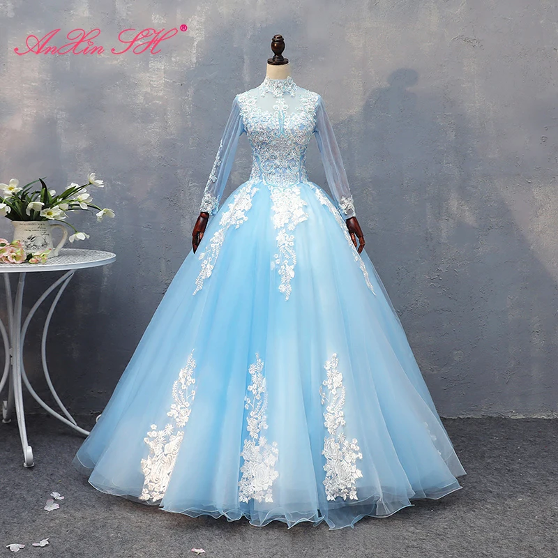 

AnXin SH Princess blue lace o neck white flower beading crystal high neck long sleeve bride host stage ball gown evening dress