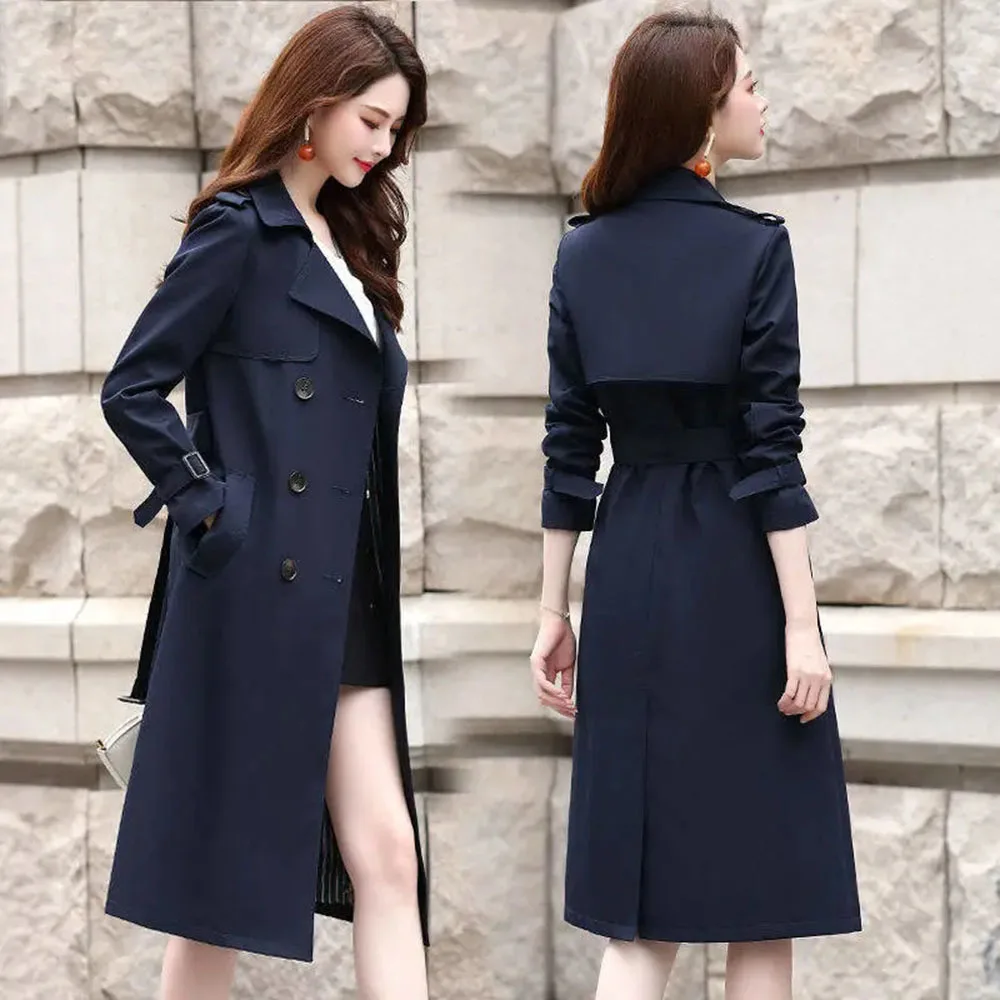 

New Autumn Winter Women Turn-down Collar Over The Knee Double Breasted Trench Office Lady Solid Long Elegant Trench With Belt