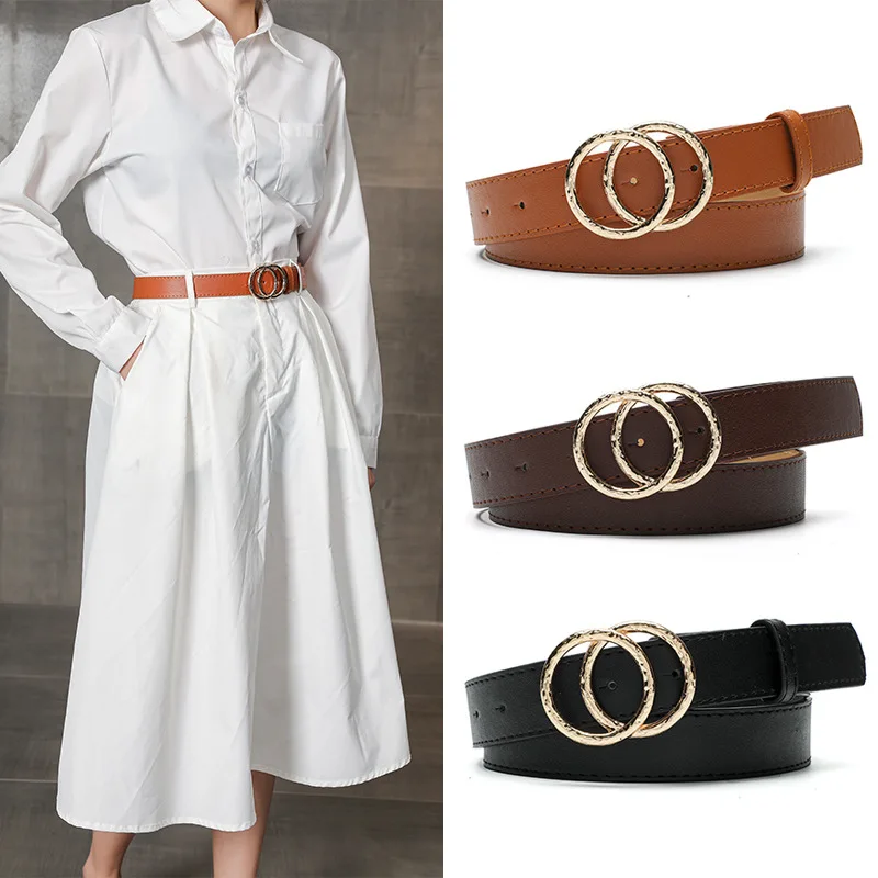 

Women Fashion Big Double Ring Circle Metal Buckle Belt Wild Waistband Ladies Wide Leather Straps Belts for Leisure Dress Jeans
