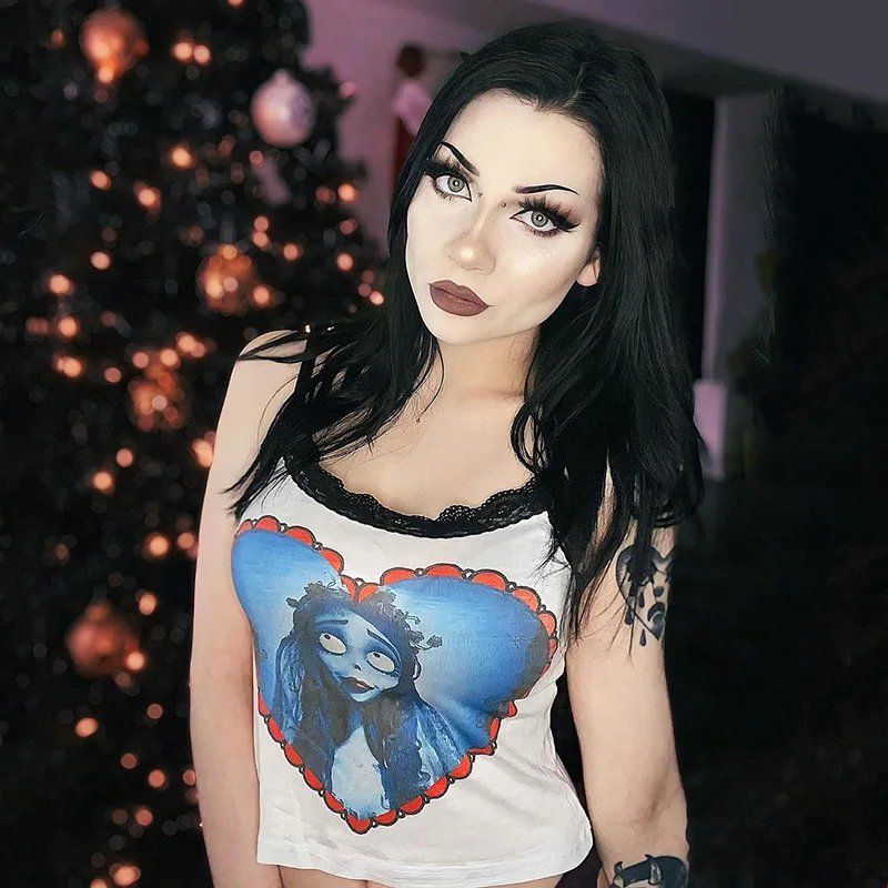 

Vintage Sexy Lace Camis Mall Goth Bodycon Spaghetti Straps Crop Tops Aesthetic Print Summer Backless Basic Camisoles