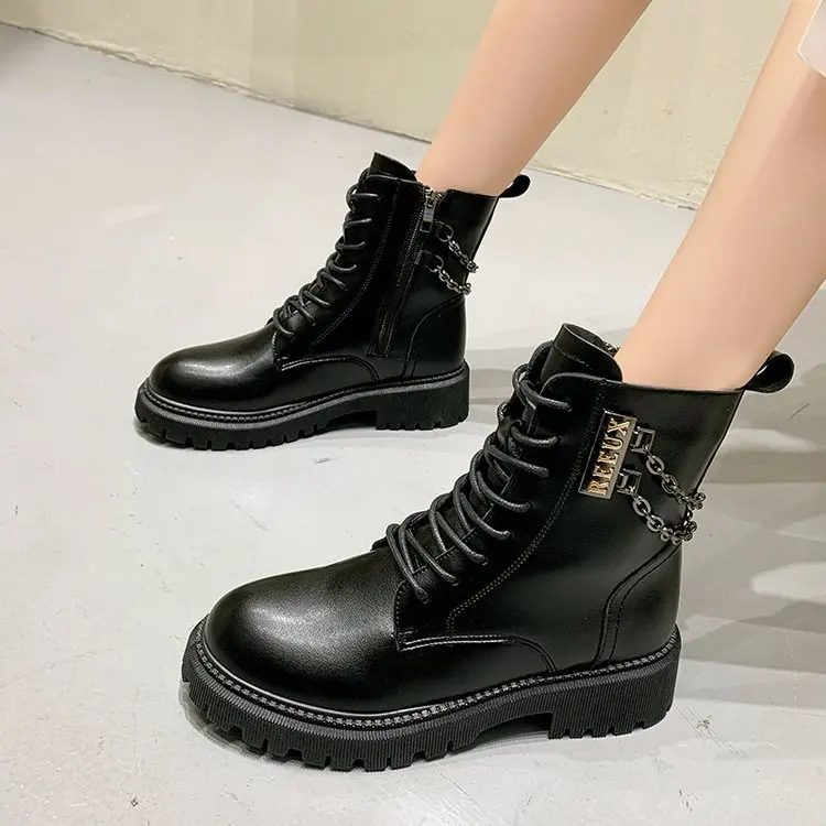 

Зимние теплые черные женские ботинки на толстой подошве полусапожки со шнуровкой на квадратном каблуке средней длины короткие сапоги женс...