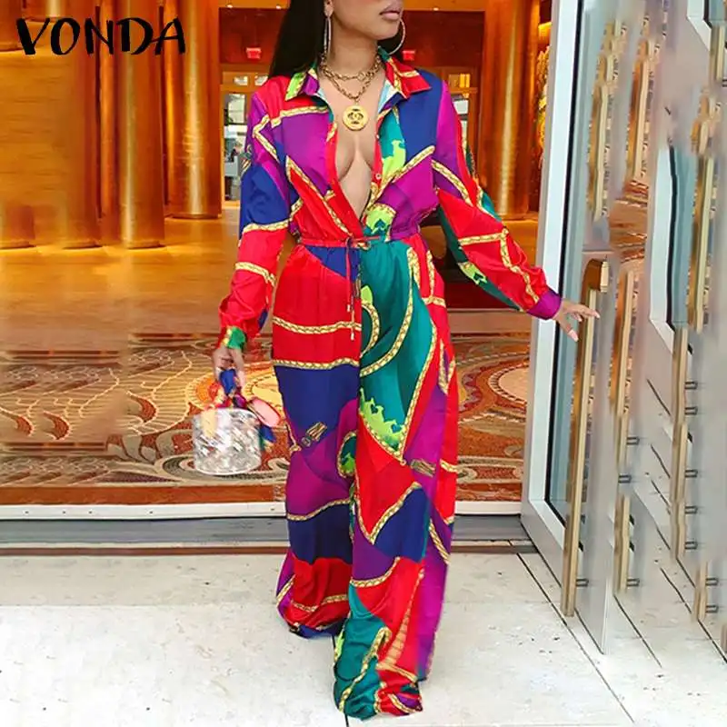 

Women Bohemian Printed Jumpsuits 2022 VONDA Autumn Office Ladies Wide Leg Pants Casual Palazzo Long Sleeve Playsuits Dungaree