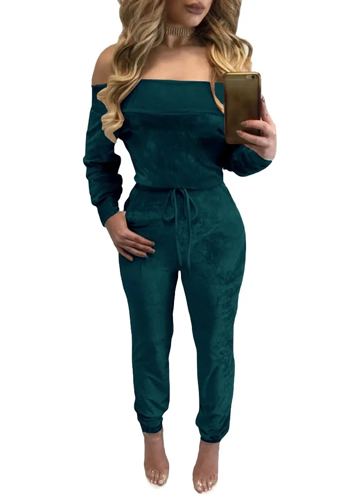 Сексуальный женский бархатный комбинезон с открытыми плечами длинным рукавом