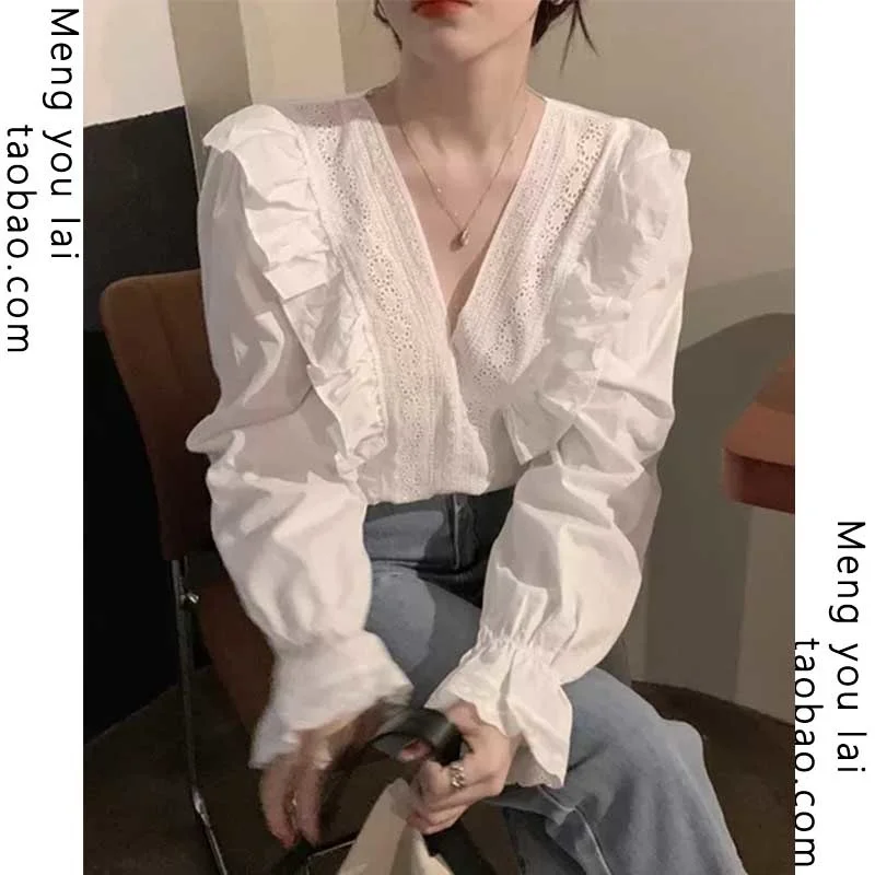 

Осенняя белая рубашка с длинными рукавами в стиле ретро, женская рубашка с дизайном Sense Chic