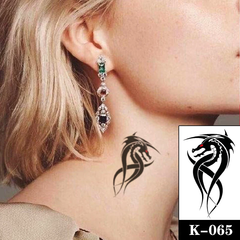 

Waterproof Temporary Tattoo Sticker Black Dragon Wolf Owl Feathers Roses Totem Women Men Body Art Fake Tattoos Neck Arm Tatoos