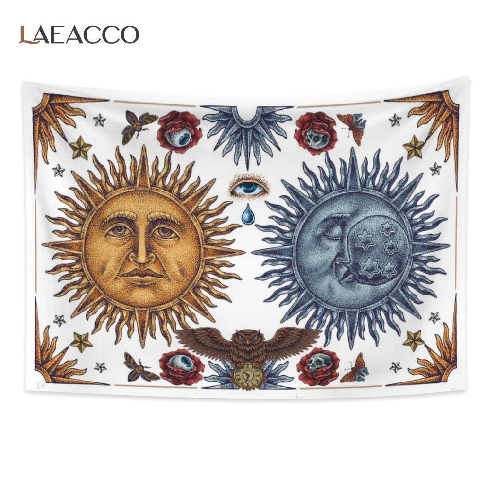 

Laeacco India Mandala Tapestry Wall Hanging Sun Moon Tarot Wall Carpet Psychedelic Witchcraft Wall Cloth Bedside Decor Polyester