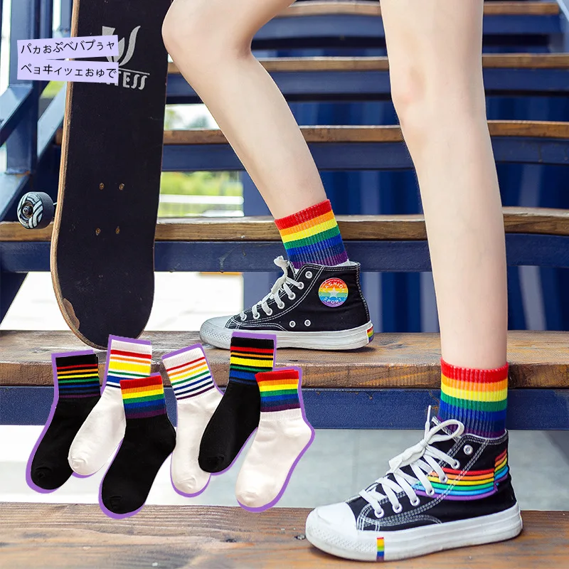 

Winter Women's Socks Cotton Rainbow Stripes Socks Christmas Fashion Warm Christmas Casual Tide Socks harajuku korean