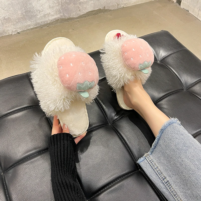 2021 Fashion New Plush Slippers Female Autumn and Winter Cute Home Non-slip Cotton Mopping Thick Bottom Hairy Mopping Flip Flops