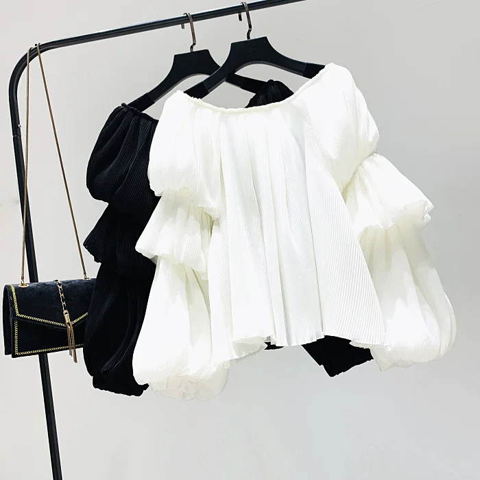 

Puff Sleeve Chiffon Lotus Shirts Pullover Female Off Shoulders Versatile Pleated Blouses Slash Neck Stitch Crop Tops Blusas Fall