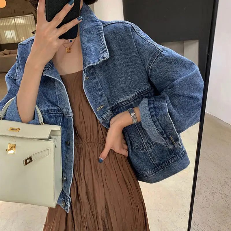

New Korean Casual Jean Jacket Women 2021 Autumn Loose Batwing Sleeve Cropped Denim Jacket Female