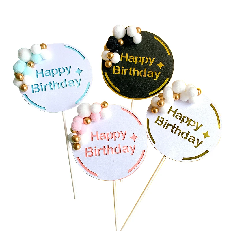 

Happy Birthday Cake Topper Paper Letter Cupcake Topper Insert With Fur Balls For Birthday Party Cake Decorations Baking Supplies