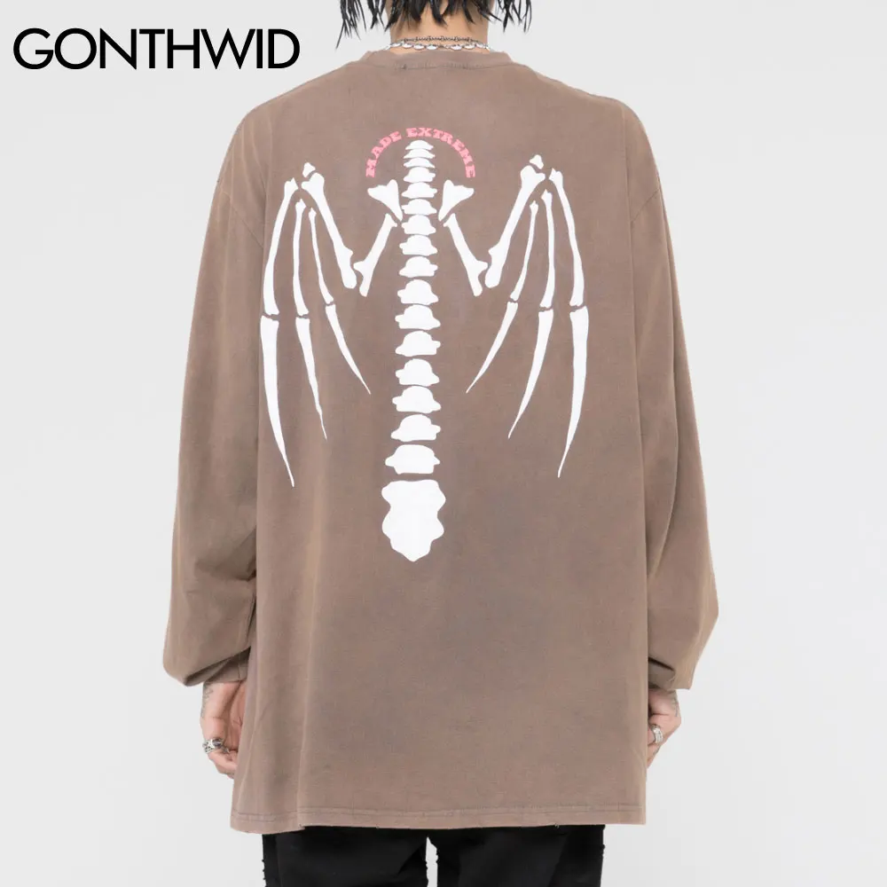 

GONTHWID Oversized Distressed Tshirts Hip Hop Harajuku Skull Heart Print Long Sleeve Tee Shirts Streetwear Punk Rock Gothic Tops