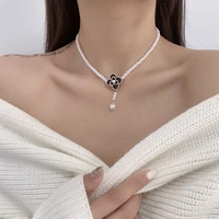 korean fashion camellia pendant necklace ladies vintage pearl necklace exquisite clavicle chain wedding party jewelry wholesale