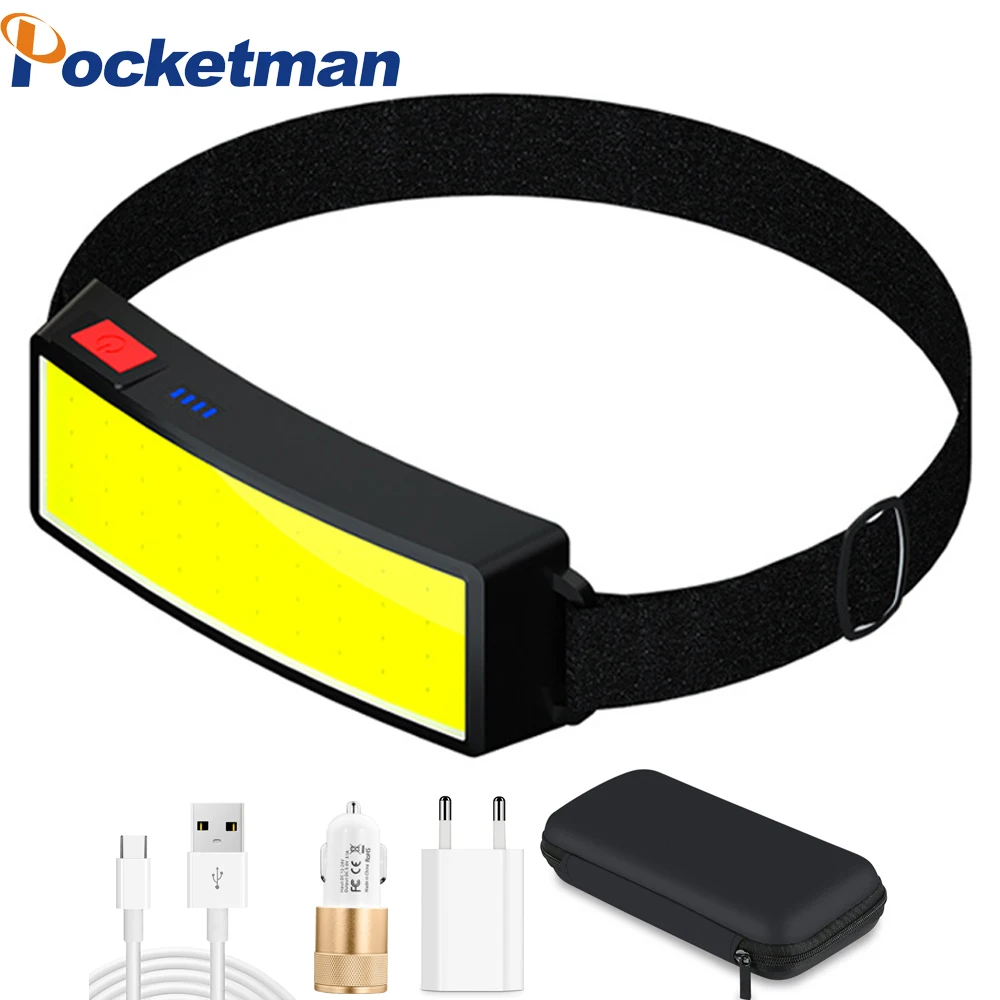 

Wide Beam Super Bright COB LED Headlamp USB Rechargeable Headlight Waterproof Head Lamp with Built-in Battery