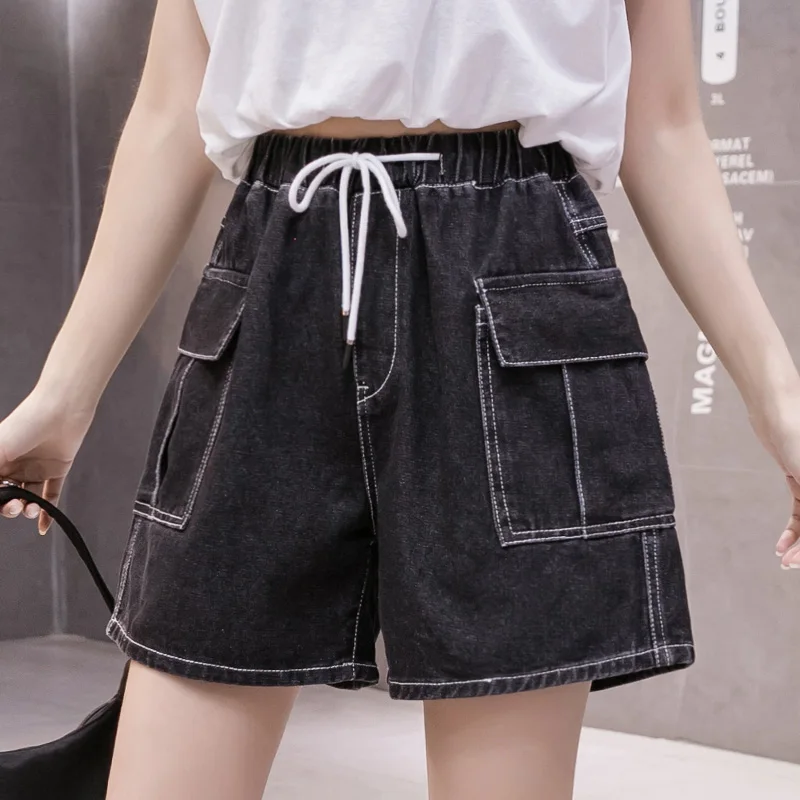

Gkfnmt Summer Elastic High Waist with Belt Casual Loose Plus Size 5XL Denim Shorts Women Black Jean Large Pockets Shorts Femme
