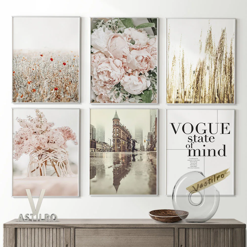 

City Streetscape Modern Minimalist Poster Design Pink Flowers Illustration Wall Picture Mid Century Modern Bedroom Home Decor