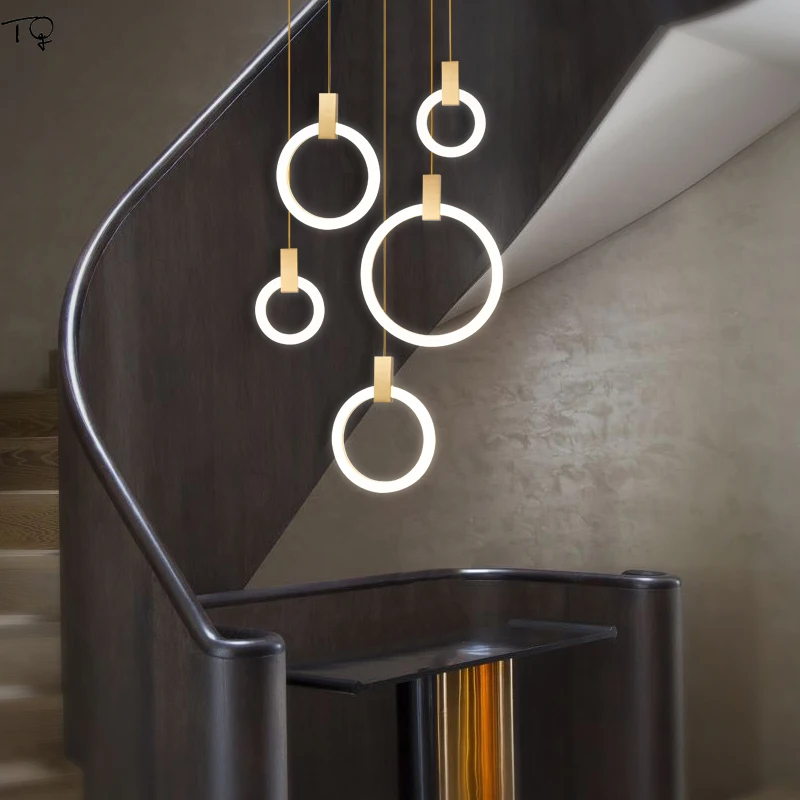 買取 北欧の高級ファッションゴールドリングペンダントライトスパイラル階段二重階段リビングルーム、モダンなシンプルなキッチン照明器具