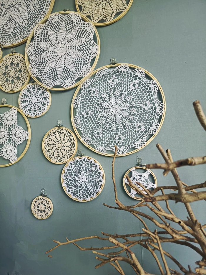 

Nordic Style DIY White and Beige Tapestry Wall Hanging Cotton Lace Dreamcatcher Background Party Decor Boho Wall Hanging