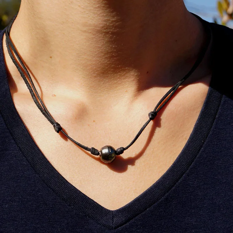 Tahitian black pearl,australian leather, adaptable men necklace knotted leather choker, leather and pearl choker