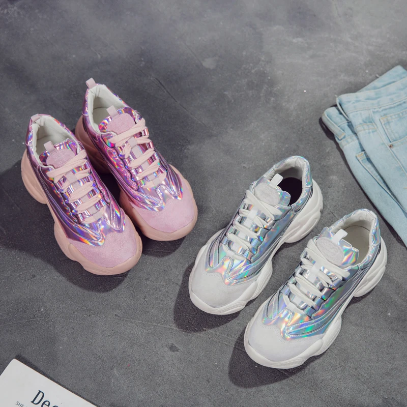 Fujin/Брендовая женская повседневная обувь Блестящие кроссовки на платформе
