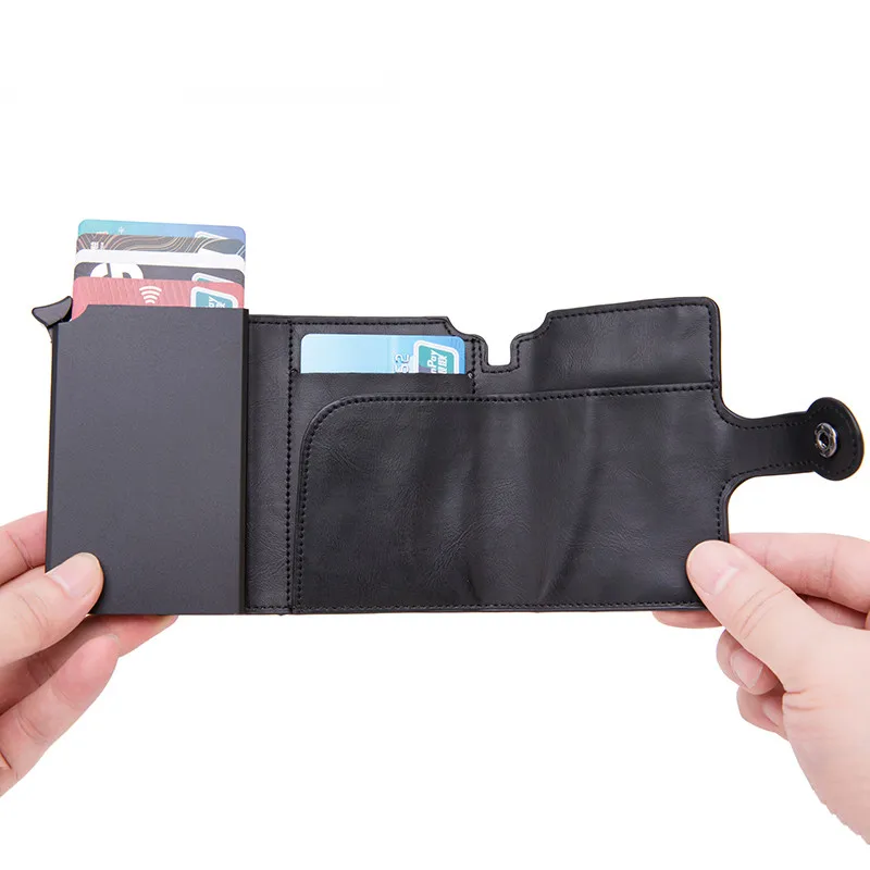 men rfid button credit card holder high quality metal aluminum auto pop up rfid blocking id card case black wallet coin purse free global shipping