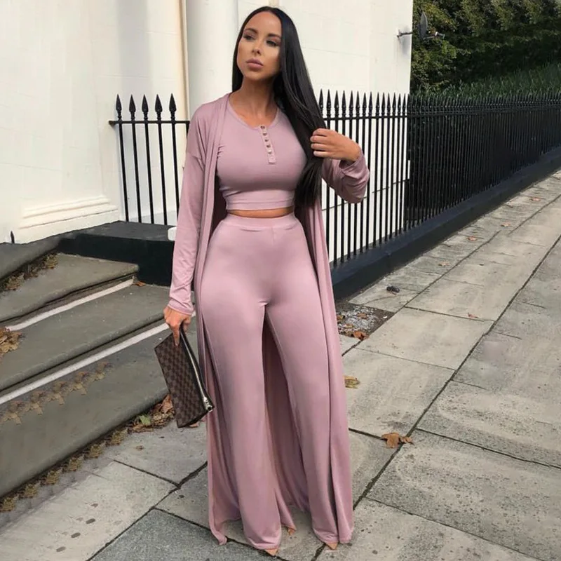 

2021 Women Long Sleeve Cardigan Cape Round Neck Vest Top Fashion Solid Color Casual Three Piece Set