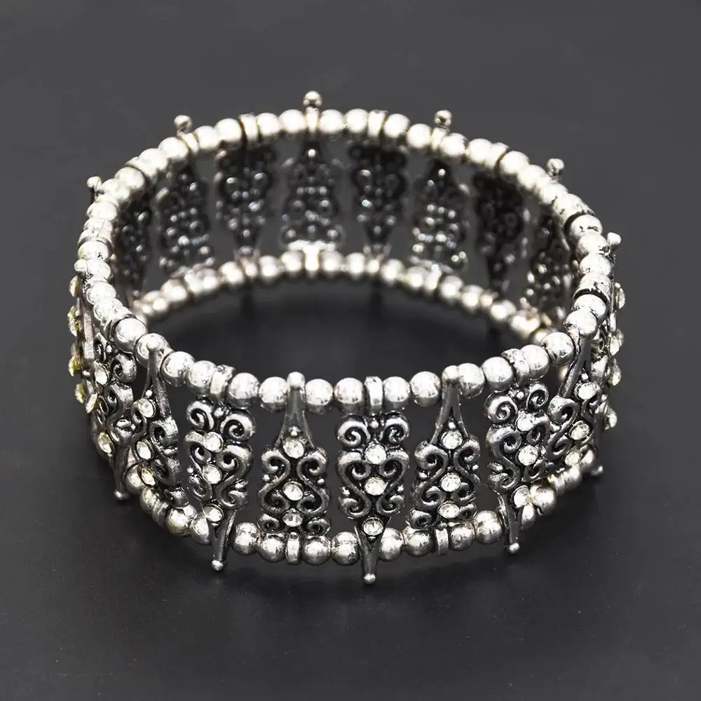 Indian Ethnic Elastic Strand Bracelet Tibetan color Metal Rhinestone Wide Cuff &amp Bangle for Women Vintage boho Turkish | Украшения и