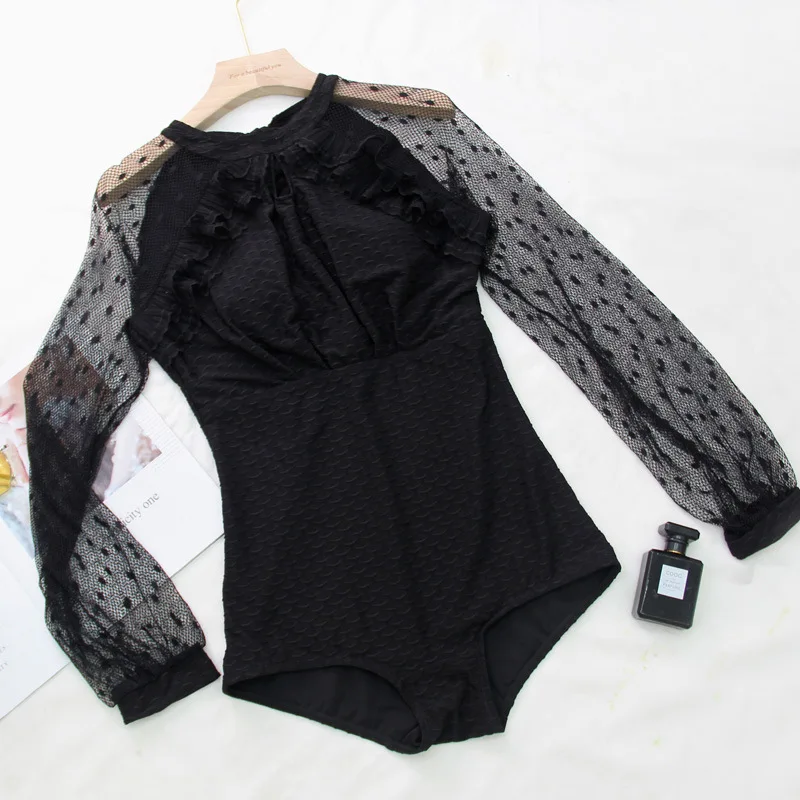 

Women Swimsuit One Piece Bodysuit Swim Suit Swimwear Bathing Girl 2021 New Korean Cover Bubble Long Sleeve Hot Photo Bikini