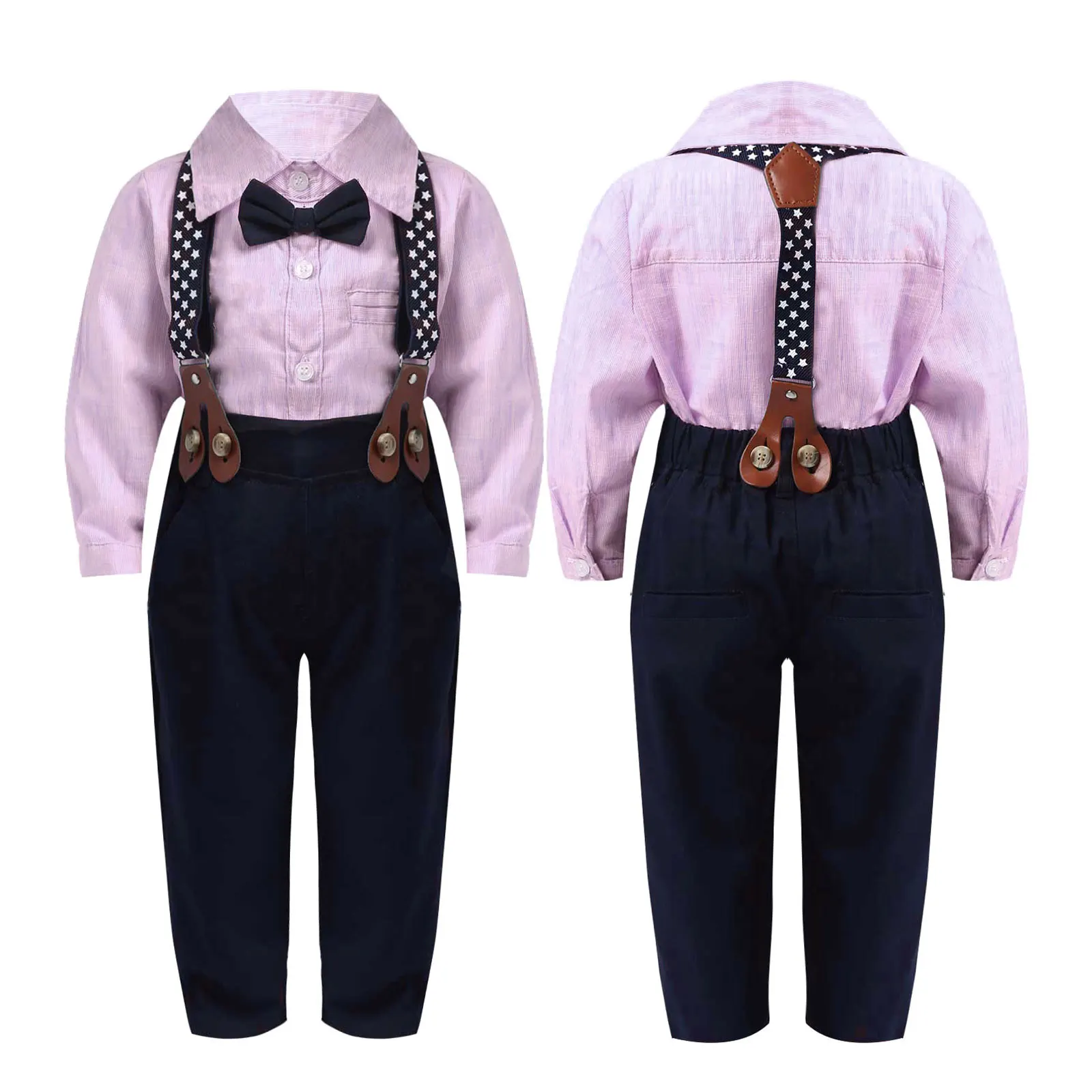 

Детские комплекты, наряды для маленьких мальчиков, хлопковая рубашка с длинным рукавом и бантом, топы и брюки на подтяжках, костюмы для джен...