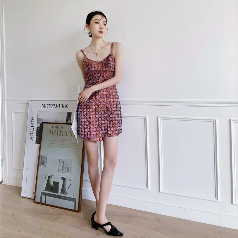 

Kimotimo Vintage Print Spaghetti Strap Dress Women 2021 New French Advanced Slim Irregular Ladies Dresses Summer Light Luxury