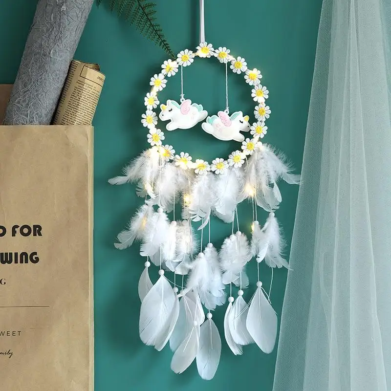 

Girl Heart Wedding jewelry Dream Catcher National Feather Ornaments Lace Ribbons Feathers Wrapped Lights Girls Room Decor