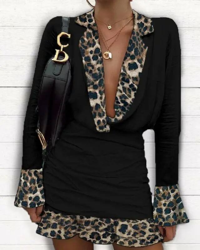 Сексуальное женское платье с глубоким v образным вырезом рубашка леопардовым
