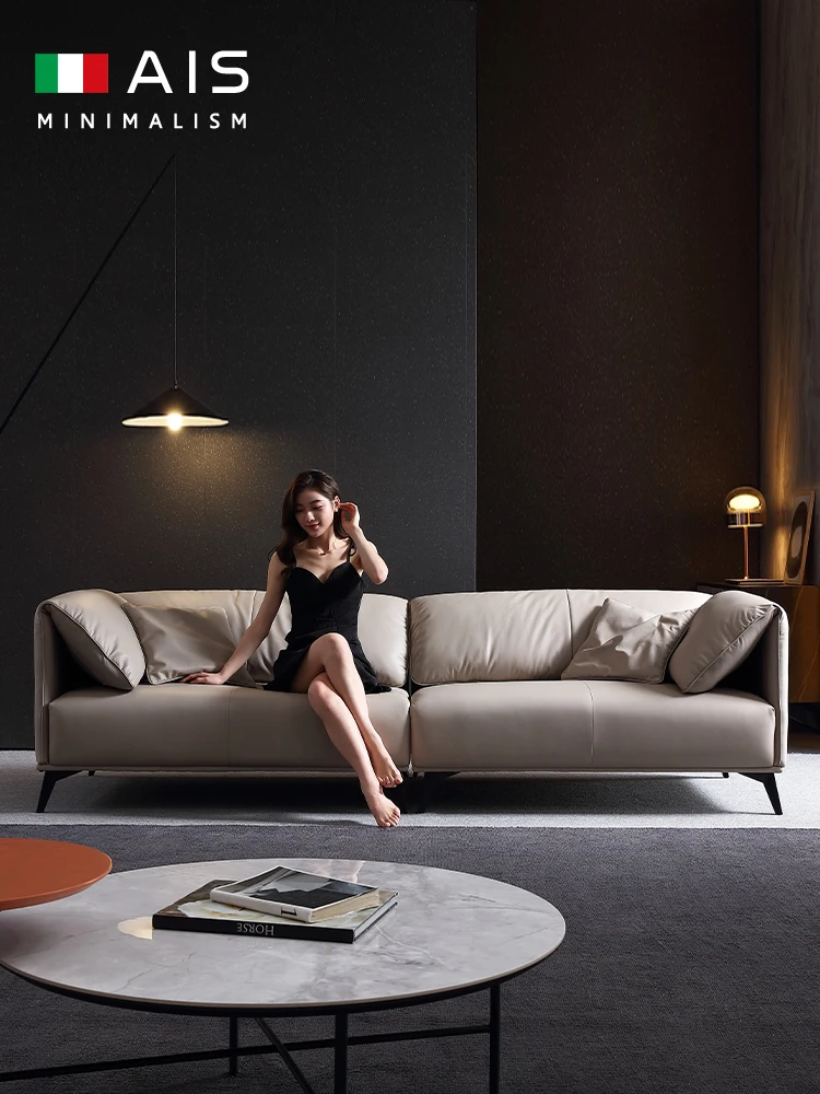 

All-leather sofa three-person modern light luxury beige first layer cowhide down super soft Italian minimalist sofa