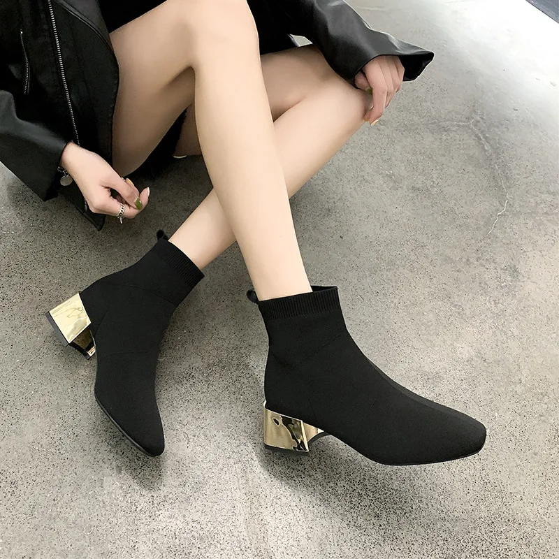 Женские осенние вязаные эластичные ботинки носки botines с квадратным носком
