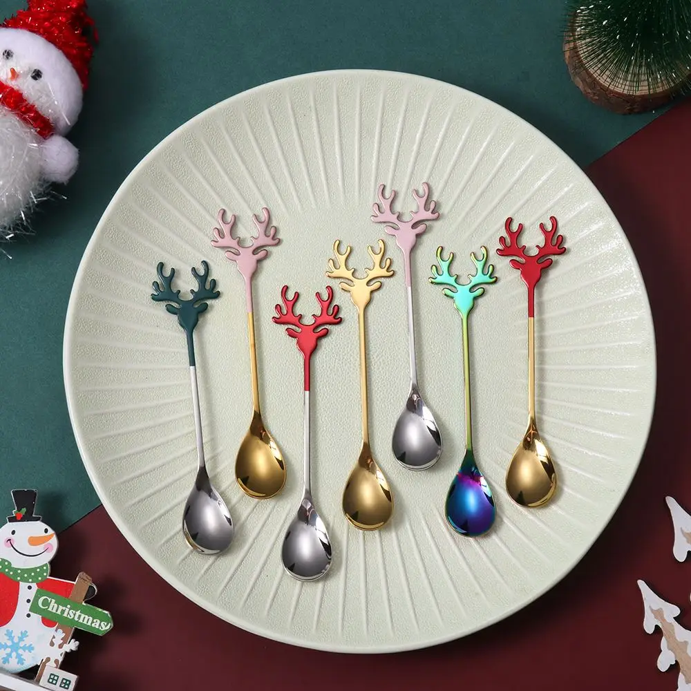 

Desserts Stainless Steel Stirring Spoon Ice Cream Christmas Spoons Xmas Antlers Tea Scoop Coffee Scoops