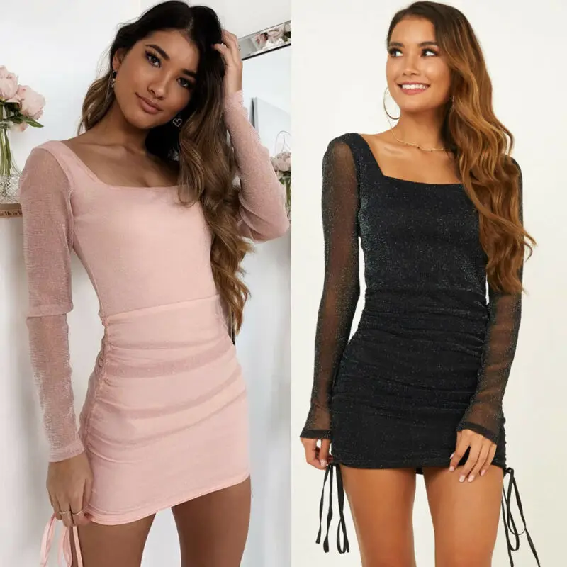 Женское обтягивающее платье с v образным вырезом длинными рукавами и блестками