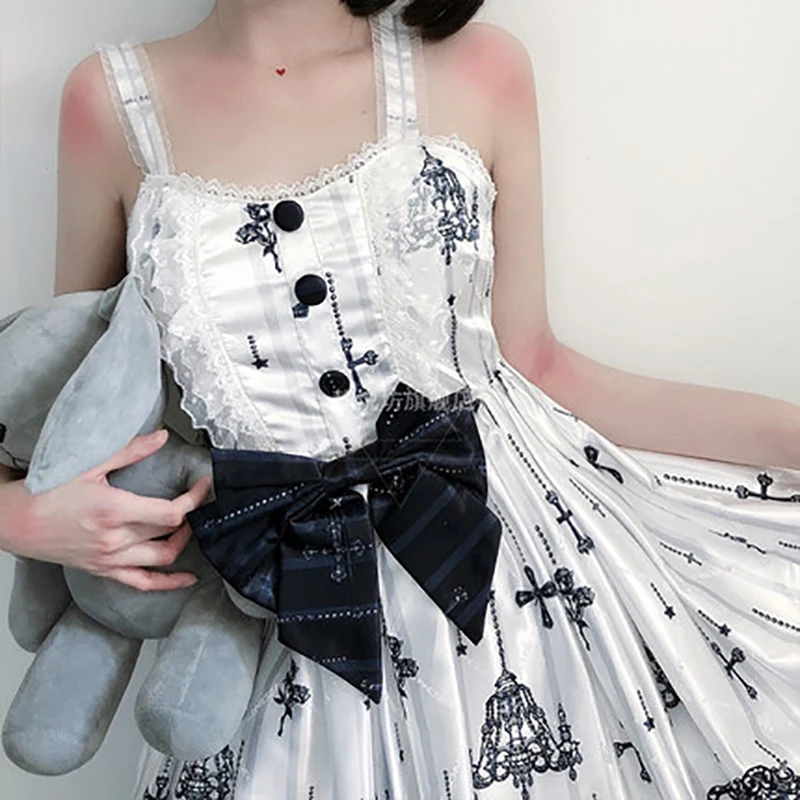 

White Japanese Soft Sister Gothic Lolita Dresses JSK Cross Sleeveless Strap Dress Vintage Cosplay Girl High Waist Dress Bowknot