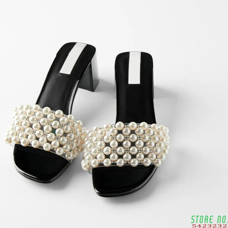 

2021 Open-toe Thick-heeled High-heeled Slipper Pearl Back Wild Women's Shoes Summer New Sexy Half Support Shoes
