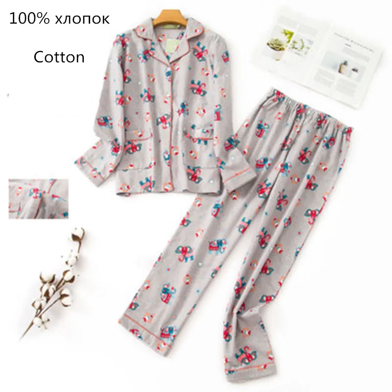 

Top Funny Sleepwear Set 100% Cotton Winter Women's Pajamas Long Sleeve Shirt Pants Casual Cartoon Warm Casual Mom Homewear
