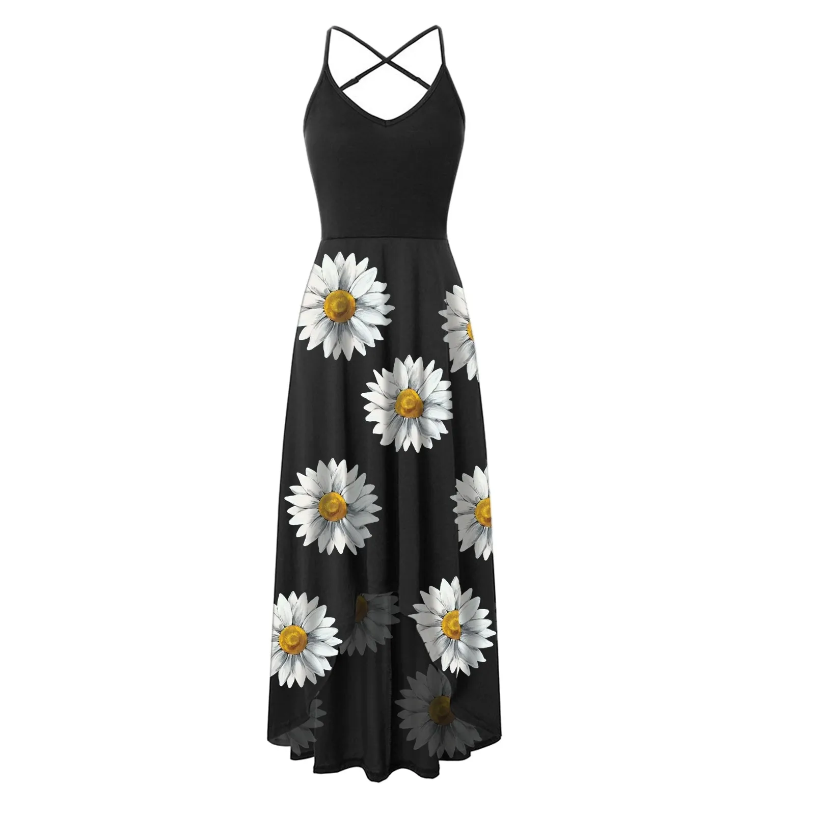 

Women's Spaghetti Strap Dress Summer Casual V-Neck Print Loose Pocket Maxi Dress Fashion Ladeis Sleeveless Dresses#35