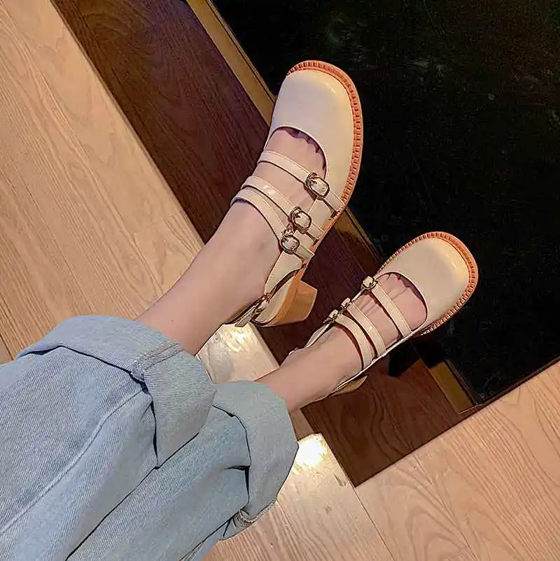 

Krazing pot mules cow leather square toe preppy style beauty girls solid Korean girls shallow buckle straps summer sandals L01
