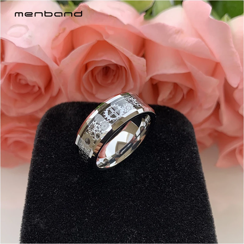 Перстень из вольфрама для мужчин и женщин с механическим шестеренчатым колесом, вставкой из черного углеродного волокна и фасками на краях 8 мм, комфортная посадка.