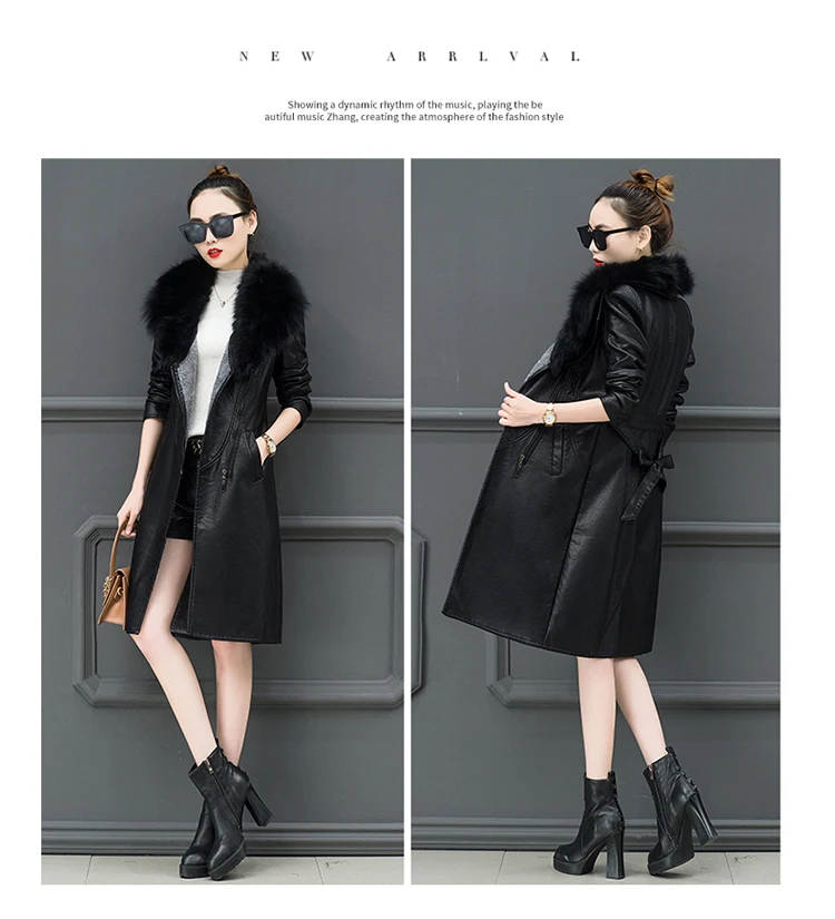 Pu Leather Women Plus Velvet Thickening Long Section Winter Fashion New Large Fur Collar Warm Leather Jacket Tide HHH00163
