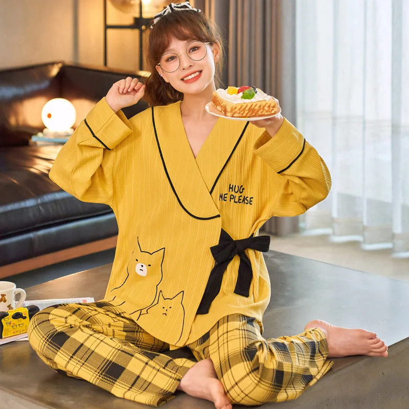 2022 Pajamas Women Spring and Autumn New Japanese Kimono Lovely Cotton Long Sleeve Ladies Loose Home Dress Set