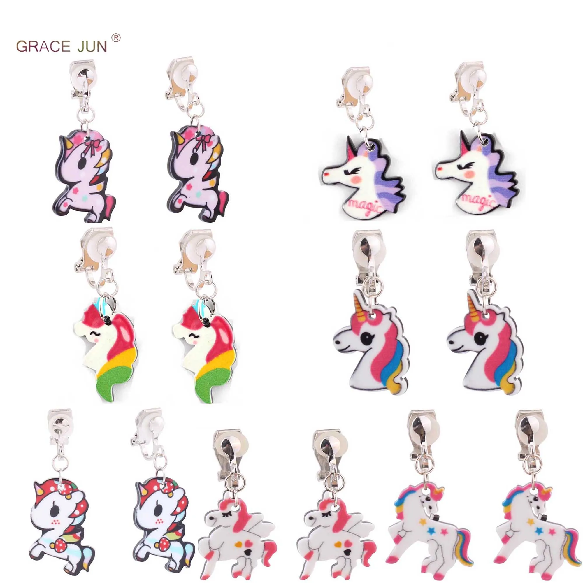 

GRACE JUN Small Horse Unicorn Clip on Earrings Without Pierced for Little Girls Toddlers Cute Fashion Ear Cuff Earrings New 2020