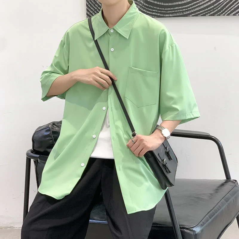 Summer Short Sleeve Shirt Men's Fashion Black Gray Green Casual Shirt Men Streetwear Korean Loose Pocket Dress Shirts Mens M-2XL